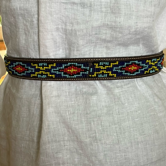J Crew Native American Beaded Leather Belt Brass Buckle Blue Red Yellow Beads - Picture 4 of 12